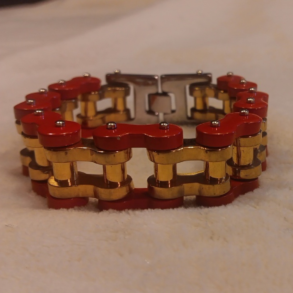 Men's 1" Wide Heavy Duty Bold Red and Gold Chain Bracelet 316L Stainless Steel